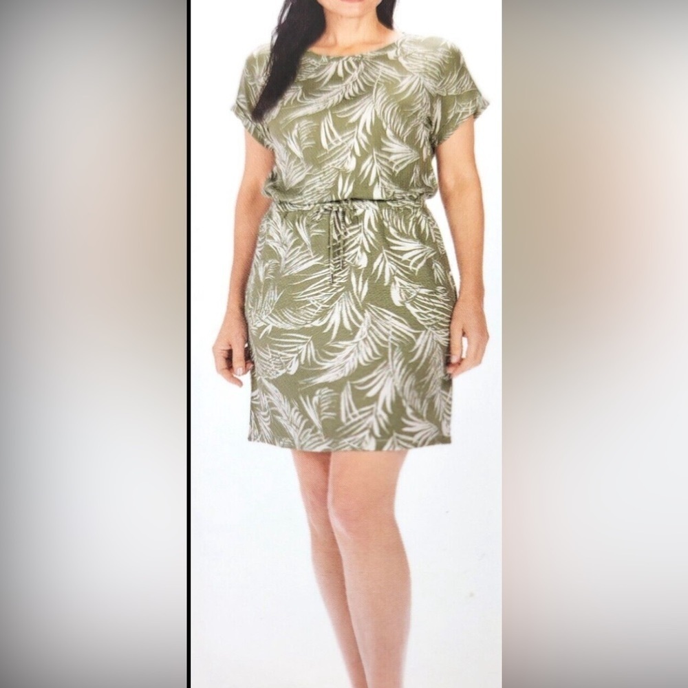 Hilary Radley Dress Size Large Green Tropical Print Drawstring Spring Summer